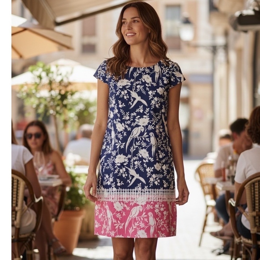Eliza J Womens Navy Pink Parrot Floral Print Lace Trim Shift Dress Size 8